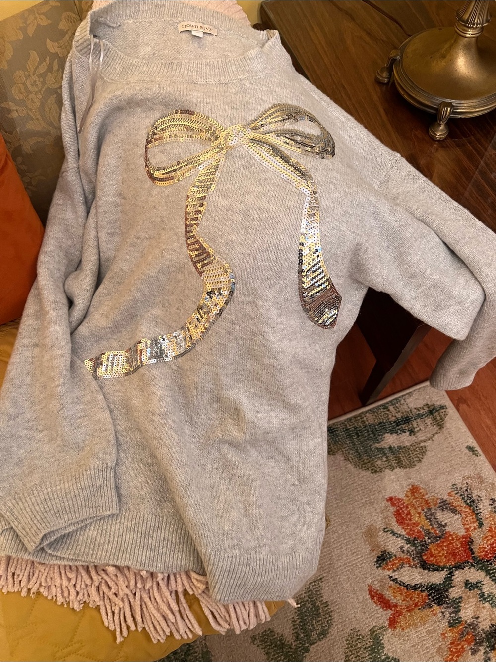 crown & ivy Light Gray Sweater with Silver Sequin Bow